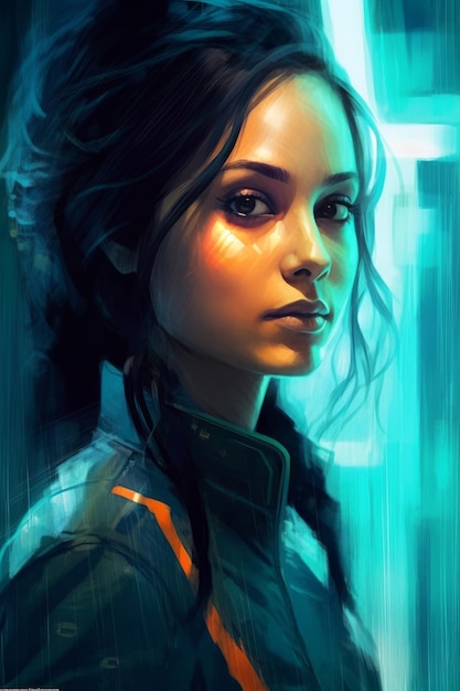 A digital painting of a woman in a futuristic outfit.