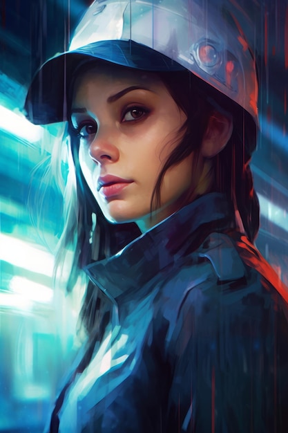A digital painting of a woman in a futuristic outfit