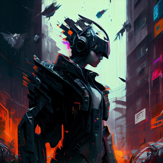 A digital painting of a woman in a futuristic suit with a sign that says'cyberpunk'on it