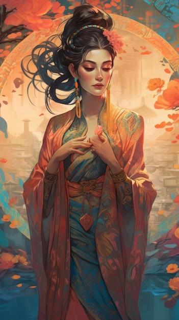 A digital painting of a woman in a kimono