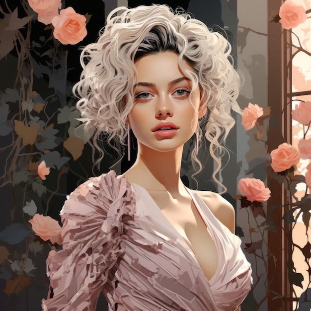 a digital painting of a woman in a pink dress