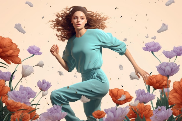 A digital painting of a woman running through a field of flowers