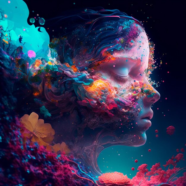 A digital painting of a woman's face with colorful paint and the word on it like Mother Nature