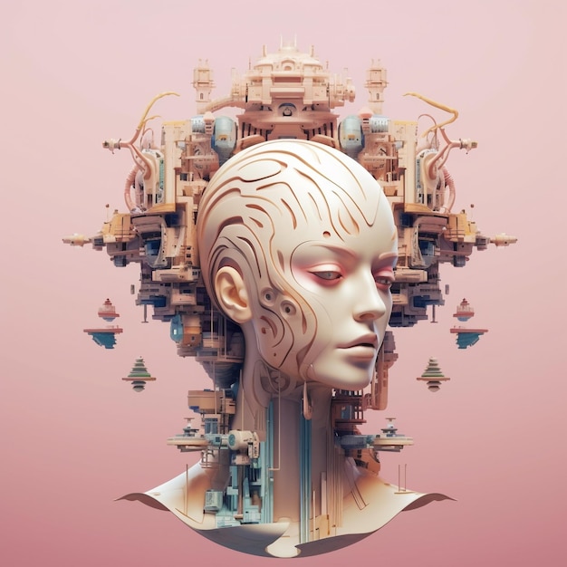 A digital painting of a woman's head with a bunch of buildings on it.