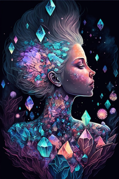 Digital painting of a woman surrounded by crystals generative ai