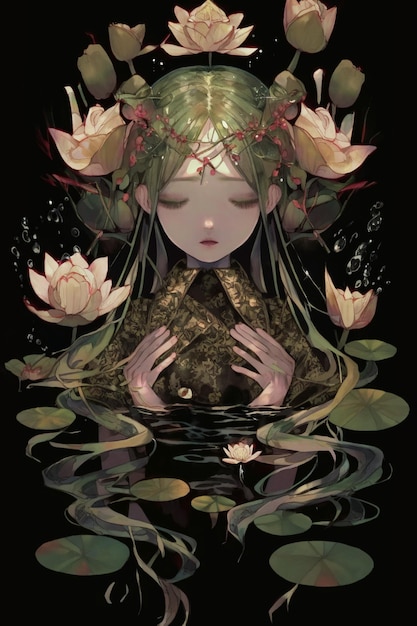 Digital painting of a woman surrounded by water lilies generative ai