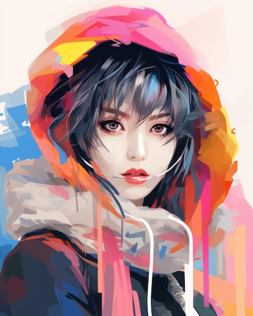 a digital painting of a woman wearing a hoodie