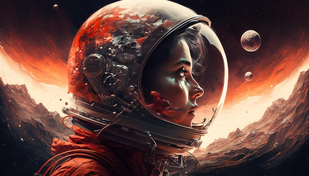 A digital painting of a woman wearing a space suit and a planet with the moon in the background.