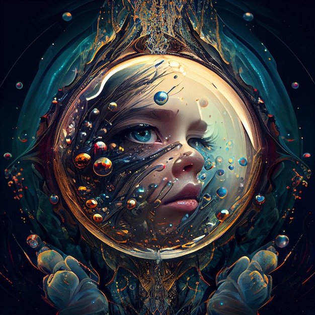 A digital painting of a woman with blue eyes and a circle with bubbles around her.