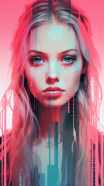 a digital painting of a woman with blue eyes and pink hair