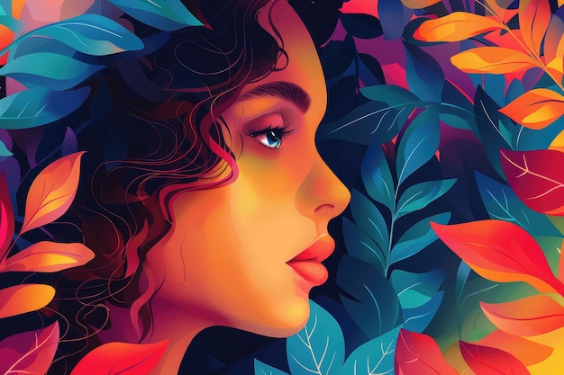 カラフルな背景を持つ女性のデジタル絵画