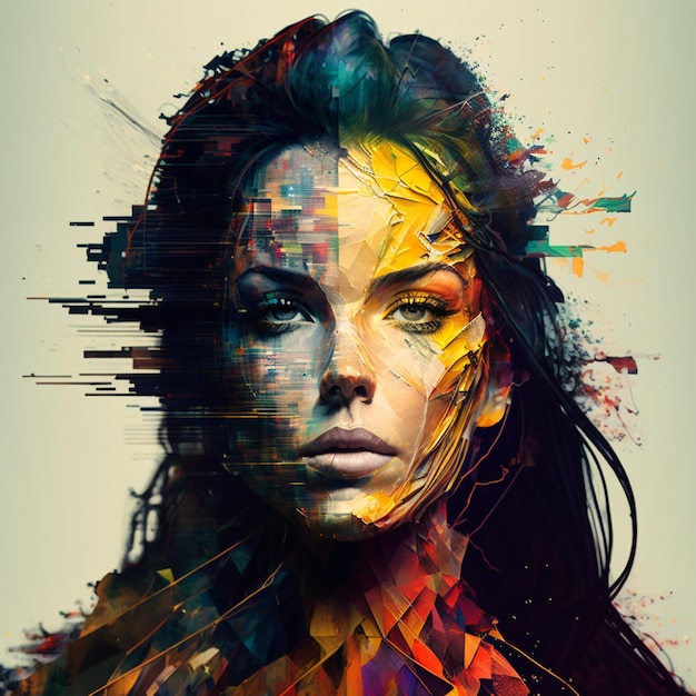 A digital painting of a woman with a colorful face.