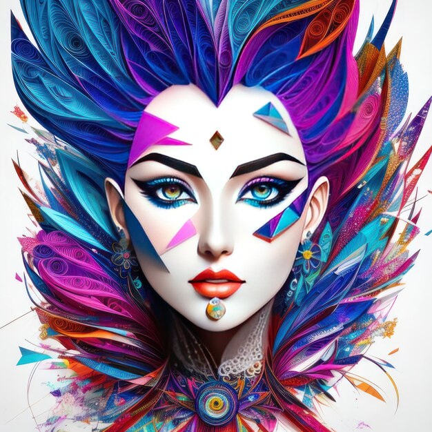 A digital painting of a woman with colorful hair and a face with a pattern of feathers on it.