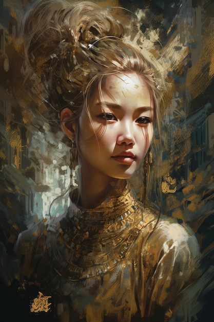 A digital painting of a woman with a golden dress and a gold top.