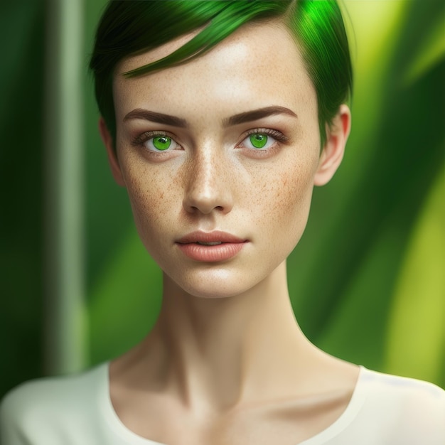 Digital painting of a woman with green eyes and green eyes