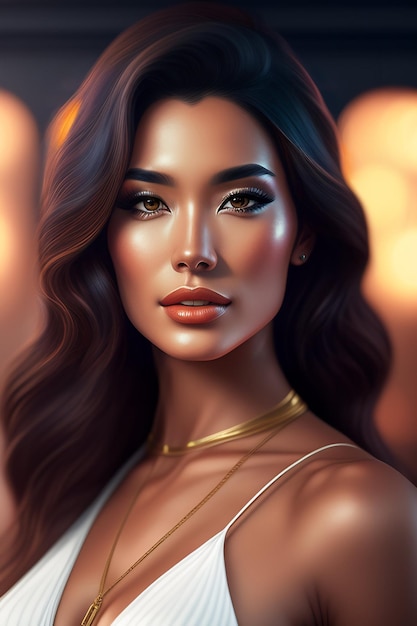 A digital painting of a woman with long dark hair and a gold necklace.