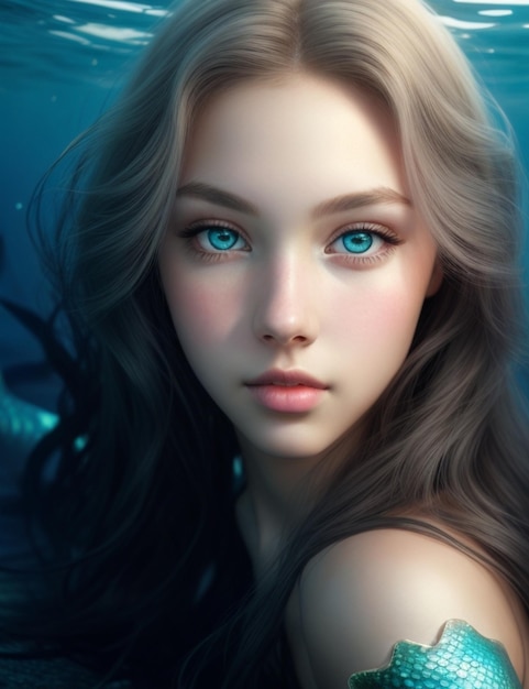 A digital painting of a woman with long hair and a blue eyes.