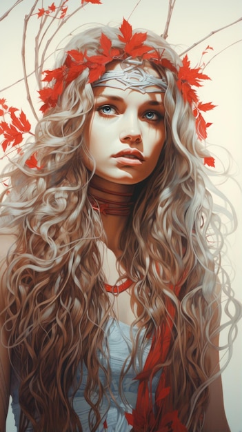 Photo a digital painting of a woman with long hair and red leaves