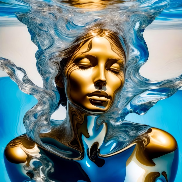 Foto pittura digitale del viso di una donna nell'acqua con i capelli che soffiano al vento