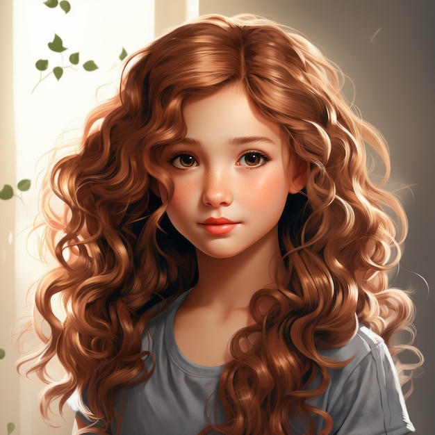 a digital painting of a young girl with long curly hair