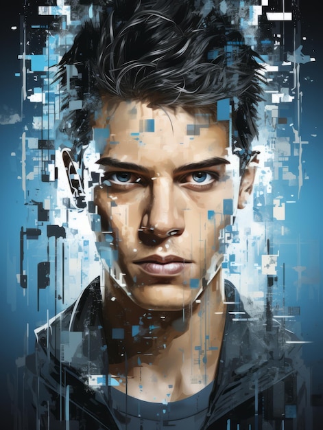 a digital painting of a young man with blue eyes