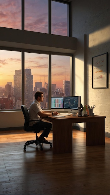 Digital Painting of Young Trader in Urban Loft Office with Colorful Market Analysis Graphs