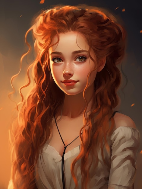 A digital painting of a young woman with long red hair