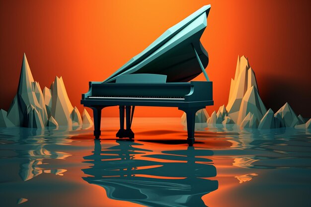 a digital paper piano on the water in the style of dark turquoise and light orange low poly