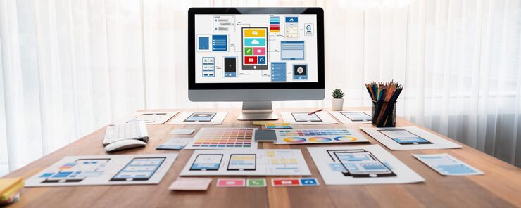 Photo digital and paper wireframe designs for web or mobile app ui ux display on laptop computer screen panoramic shot of developer workspace for brainstorming and design application framework scrutinize