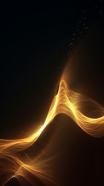 Digital particles of a flowing wave of golden color Generative AI