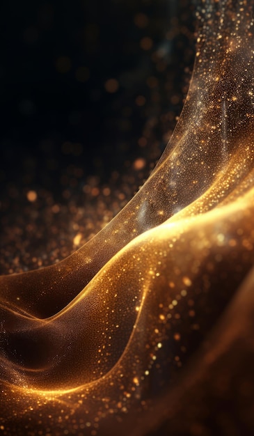 Digital particles of a flowing wave of golden color Generative AI