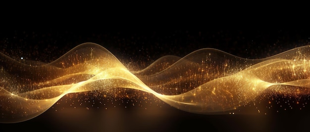 Digital particles of a flowing wave of golden color Generative AI