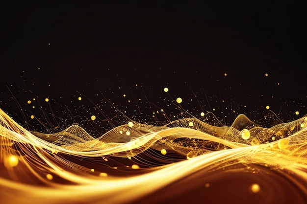 Digital particles gold color wave flow abstract background