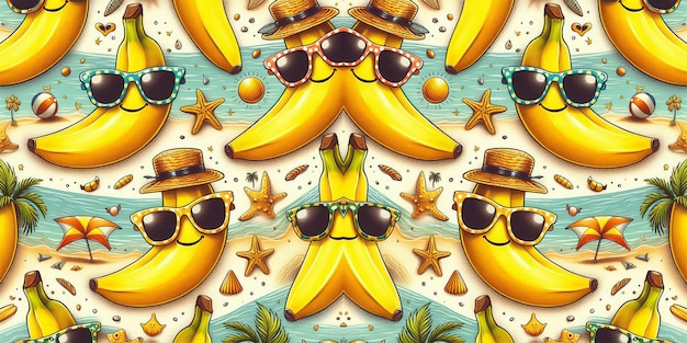 Photo a digital pattern of bananas wearing sunglasses on a summer beach background