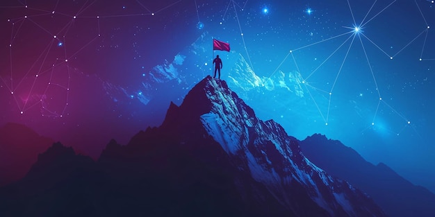 A digital peak with a banner and a skilled entrepreneur atop representing abstract accomplishments and aspirations Dark blue technology backdrop with mountains and stars