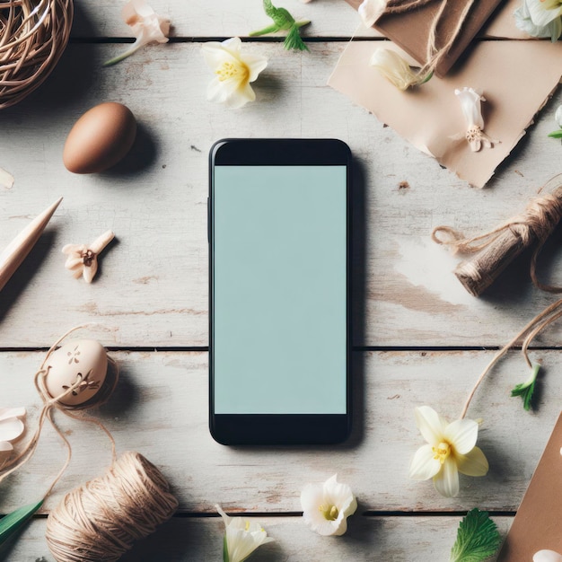 Foto mockup digitale del telefono con decorazioni a primavera rustiche per la presentazione dell'app con spazio per il design ai