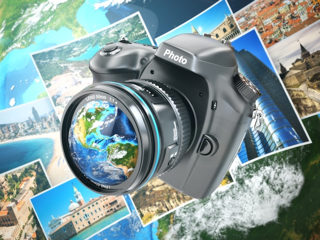 digital photo camera on background from earth and photographs. 3d