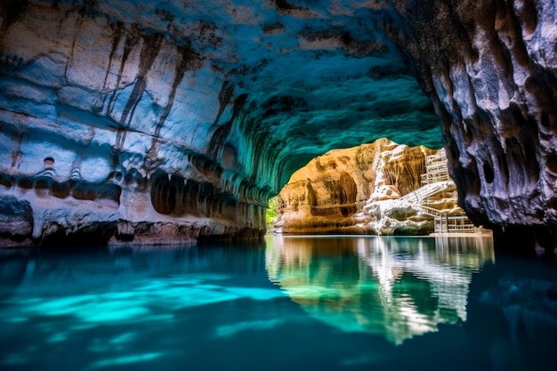 digital photo of cave with rocks and river