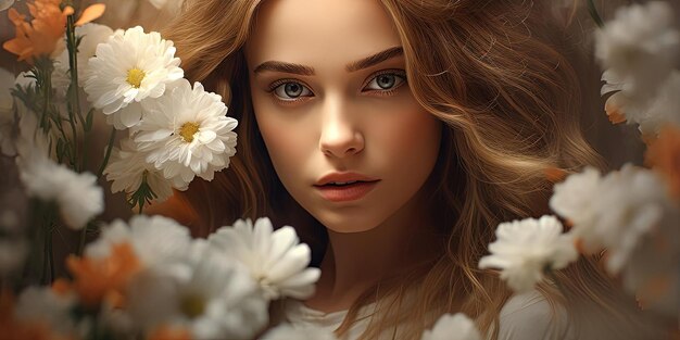 a digital photo with a woman white flowers in the style of shiny eyes