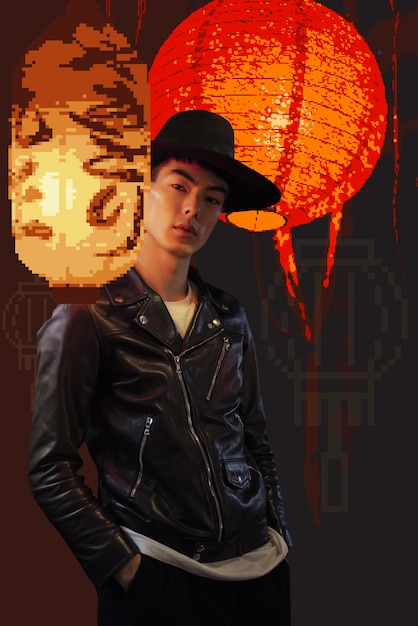 Photo digital photograph of asian person with pixel art effect