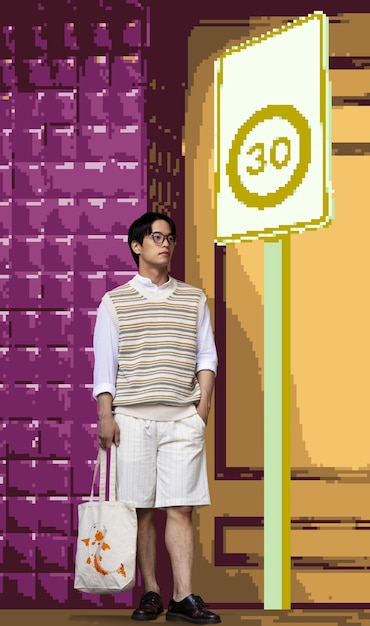 Digital photograph of asian person with pixel art effect