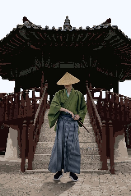 Digital photograph of asian person with pixel art effect