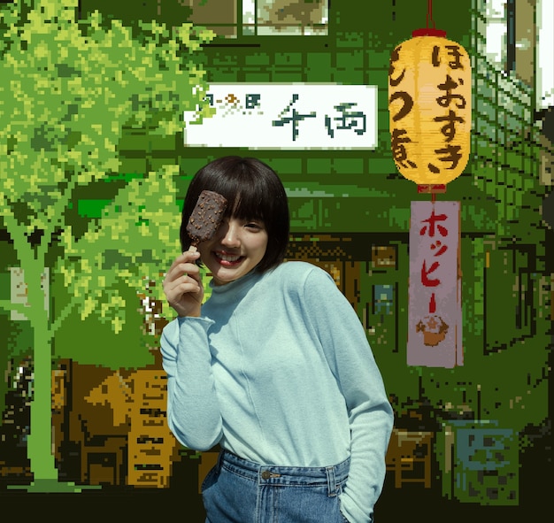 Digital photograph of asian person with pixel art effect