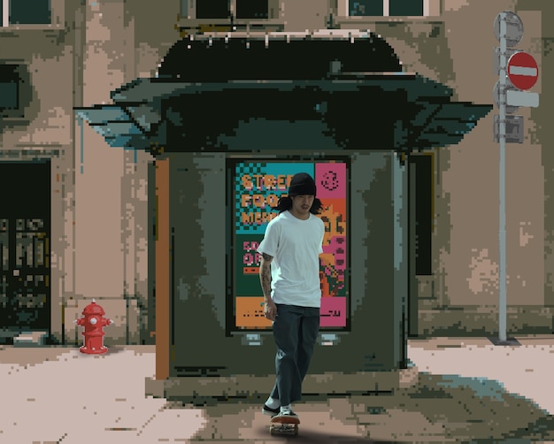 Digital photograph of asian person with pixel art effect