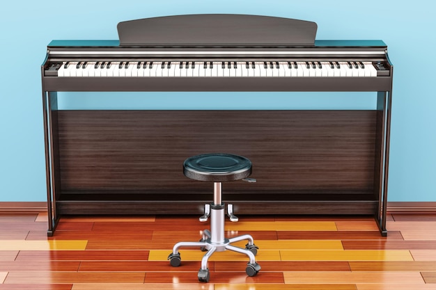 Photo digital piano with chair in room on the wooden floor 3d rendering