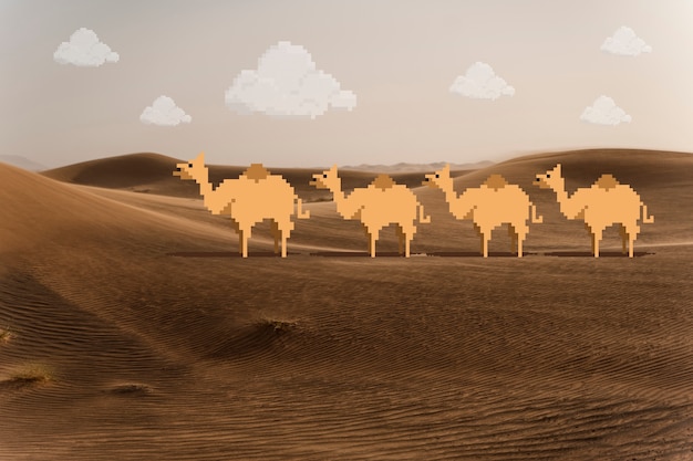 Foto effetto pixel art digitale dei cammelli nel deserto