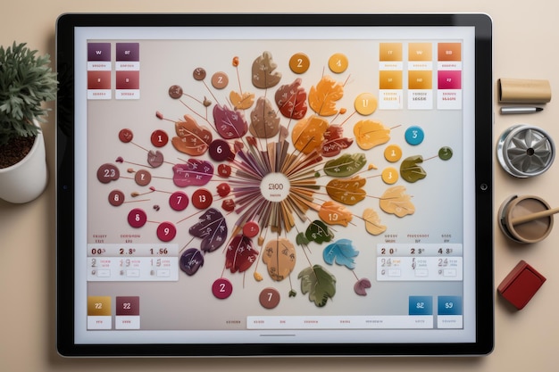 사진 색상 코딩 된 이벤트 및 약속과 함께 태블릿에 표시 된 디지털 플래너 생성 ai