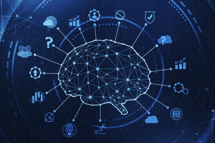 Photo digital polygonal brain background with icons ai and innovate concept 3d rendering