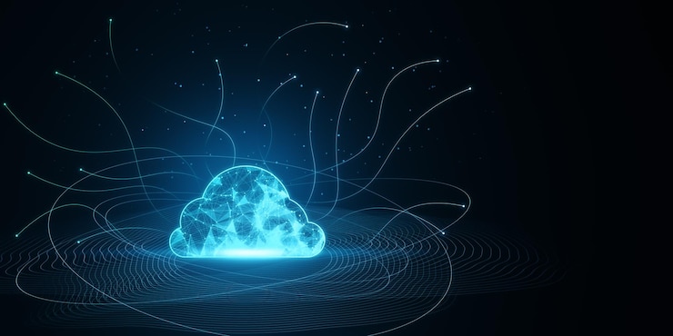 Photo digital polygonal cloud with lines on blue backdrop cloud storage and computing concept 3d rendering