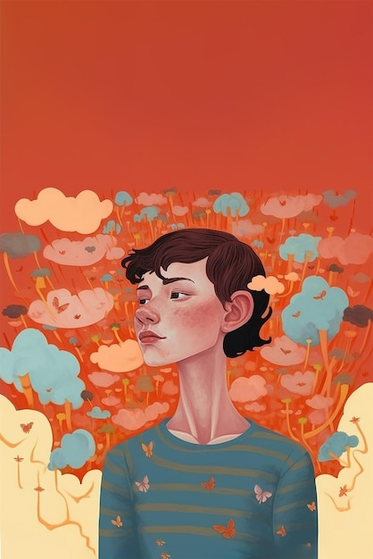 レンガと花の色の背景にデジタル ポスターの若い男の子